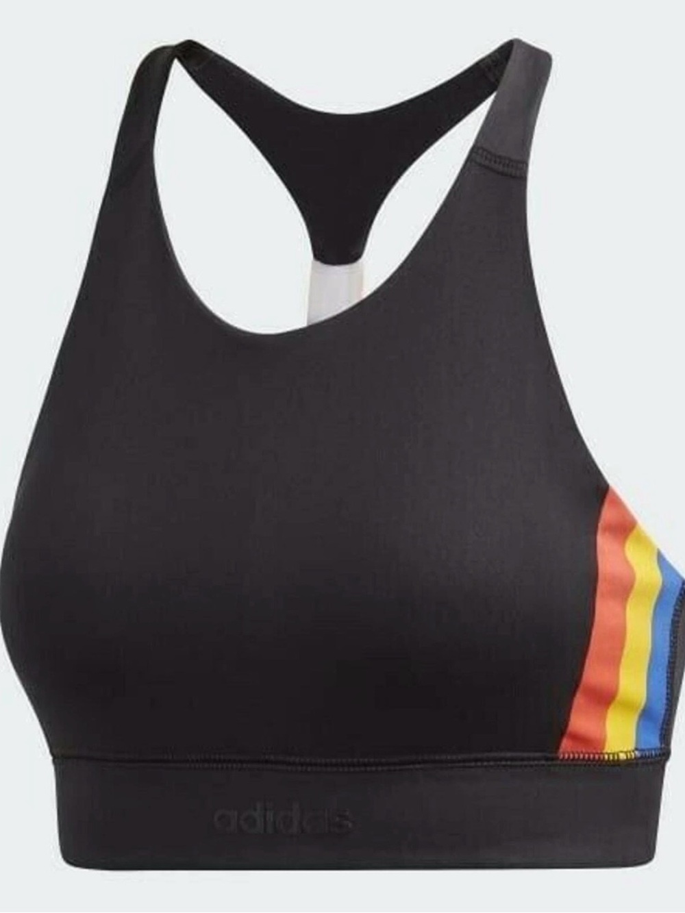 adidas Black High-Neck Sports Bra with Rainbow Side Stripes Farm Rio collab gym - Picture 3 of 10